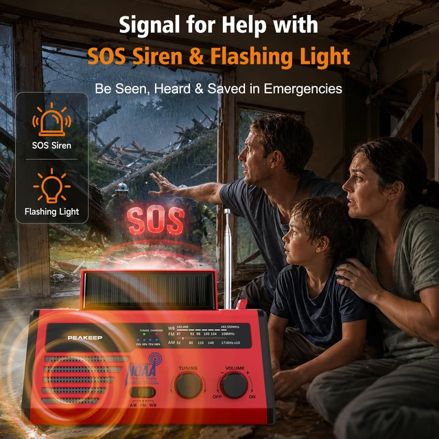 Alt view image 7 of 7 - NOAA Emergency Weather Radio Alert with Crank Solar Battery Powered Portable Radio AM FM, Rechargeable Battery Backup, SOS, Flashlight Lamp USB Port for Home Outdoor Camping Storms Blackouts