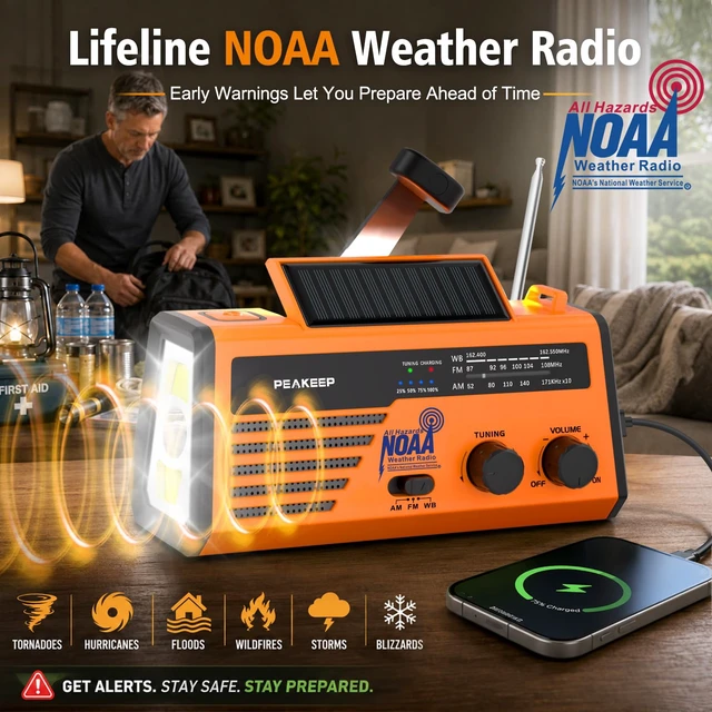 Alt view image 2 of 7 - NOAA Emergency Weather Radio Alert with Crank Solar Battery Powered Portable Radio AM FM, Rechargeable Battery Backup, SOS, Flashlight Lamp USB Port for Home Outdoor Camping Storms Blackouts