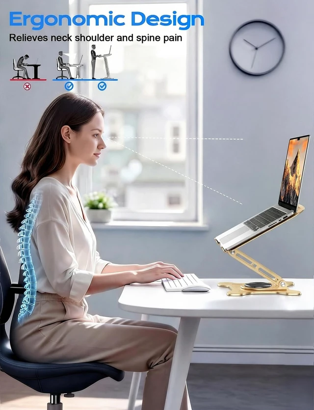 Alt view image 3 of 7 - 360° Rotating Laptop Stand for Desk, Metal Foldable Laptop Riser, Gold Ergonomic Portable Adjustable Laptop Stand, Ventilated Cooling Notebook Holder for MacBook Air Pro, All 10-16'' Laptops