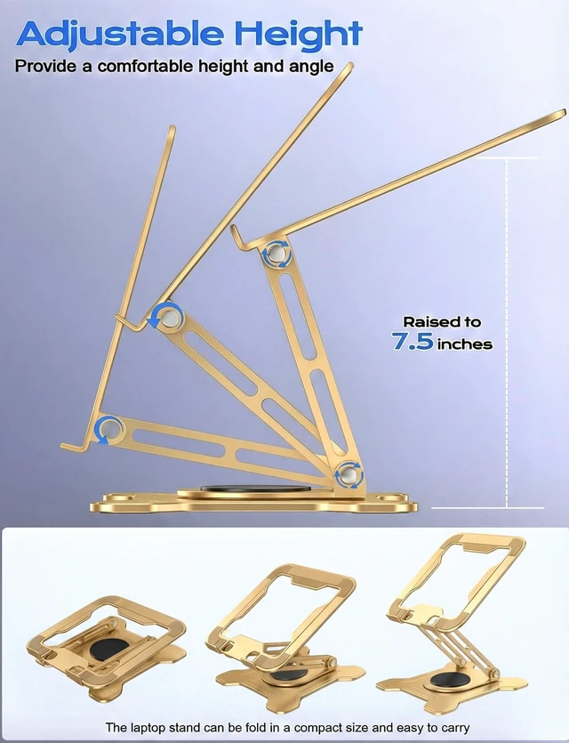 Alt view image 4 of 7 - 360° Rotating Laptop Stand for Desk, Metal Foldable Laptop Riser, Gold Ergonomic Portable Adjustable Laptop Stand, Ventilated Cooling Notebook Holder for MacBook Air Pro, All 10-16'' Laptops