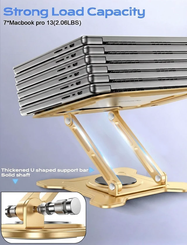 Alt view image 5 of 7 - 360° Rotating Laptop Stand for Desk, Metal Foldable Laptop Riser, Gold Ergonomic Portable Adjustable Laptop Stand, Ventilated Cooling Notebook Holder for MacBook Air Pro, All 10-16'' Laptops
