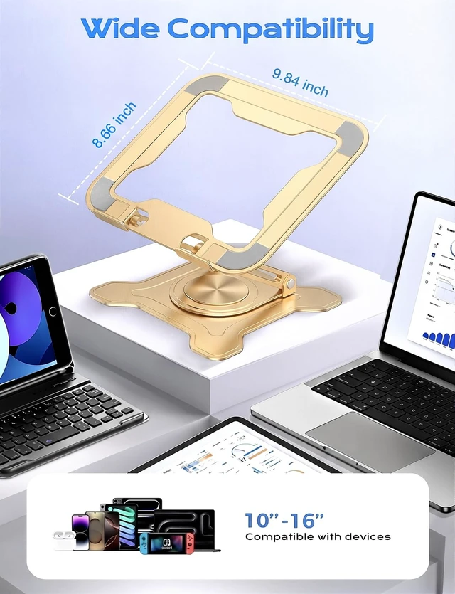 Alt view image 6 of 7 - 360° Rotating Laptop Stand for Desk, Metal Foldable Laptop Riser, Gold Ergonomic Portable Adjustable Laptop Stand, Ventilated Cooling Notebook Holder for MacBook Air Pro, All 10-16'' Laptops