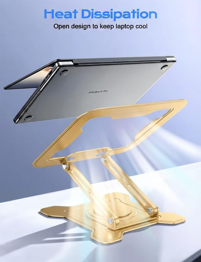 Alt view image 7 of 7 - 360° Rotating Laptop Stand for Desk, Metal Foldable Laptop Riser, Gold Ergonomic Portable Adjustable Laptop Stand, Ventilated Cooling Notebook Holder for MacBook Air Pro, All 10-16'' Laptops