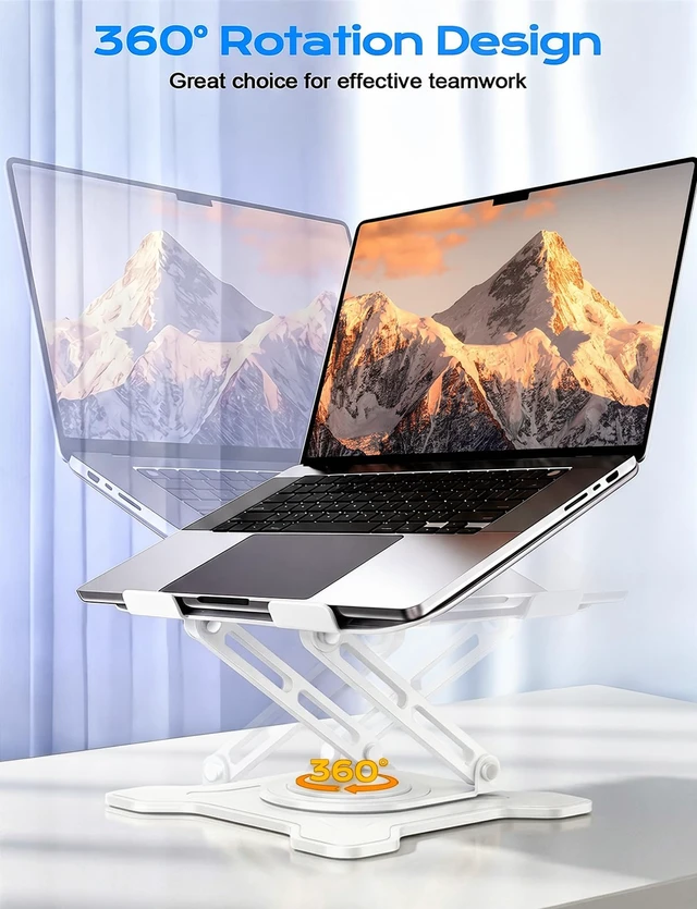 Alt view image 2 of 7 - 360° Rotating Laptop Stand for Desk, Metal Foldable Laptop Riser,White Ergonomic Portable Adjustable Laptop Stand, Ventilated Cooling Notebook Holder for MacBook Air Pro, All 10-16'' Laptops