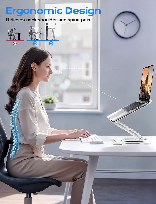Alt view image 3 of 7 - 360° Rotating Laptop Stand for Desk, Metal Foldable Laptop Riser,White Ergonomic Portable Adjustable Laptop Stand, Ventilated Cooling Notebook Holder for MacBook Air Pro, All 10-16'' Laptops