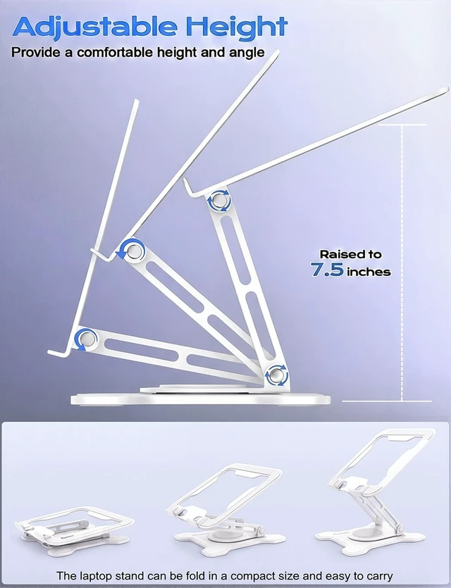 Alt view image 4 of 7 - 360° Rotating Laptop Stand for Desk, Metal Foldable Laptop Riser,White Ergonomic Portable Adjustable Laptop Stand, Ventilated Cooling Notebook Holder for MacBook Air Pro, All 10-16'' Laptops