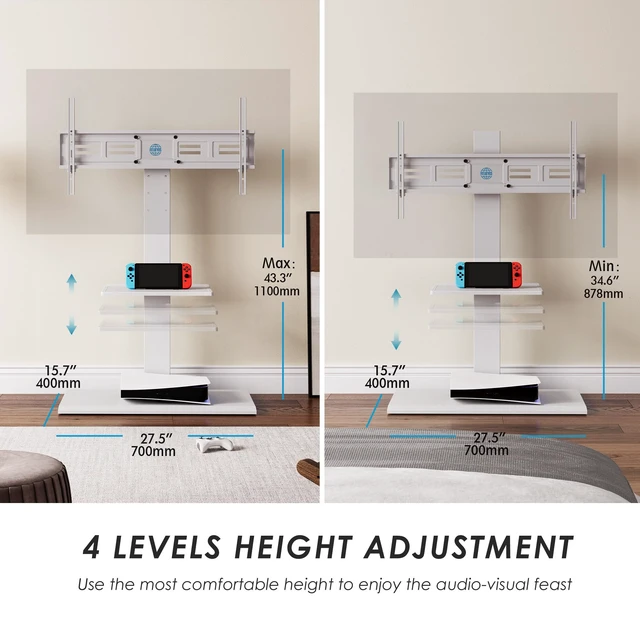 Alt view image 6 of 7 - Floor TV Stand for 50-85 Inch TVs with Adjustable Shelf, White Iron Base Swivel TV Mount with Height Adjustable, Tall Corner TV Stands Hold up to 110 lb for Bedroom and Living Room