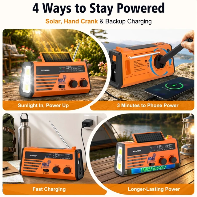 Alt view image 3 of 7 - NOAA Emergency Weather Radio Alert with Crank Solar Battery Powered Portable Radio AM FM, Rechargeable Battery Backup, SOS, Flashlight Lamp USB Port for Home Outdoor Camping Storms Blackouts