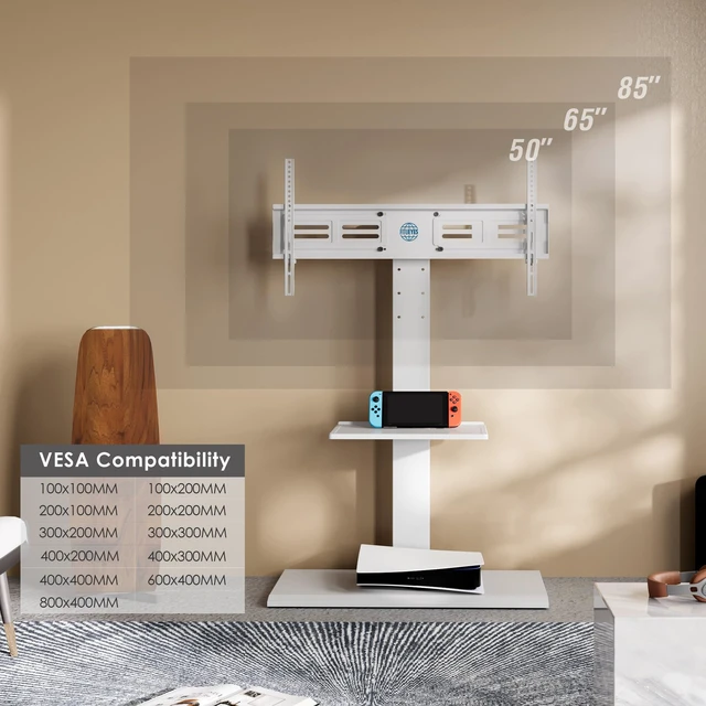 Alt view image 7 of 7 - Floor TV Stand for 50-85 Inch TVs with Adjustable Shelf, White Iron Base Swivel TV Mount with Height Adjustable, Tall Corner TV Stands Hold up to 110 lb for Bedroom and Living Room
