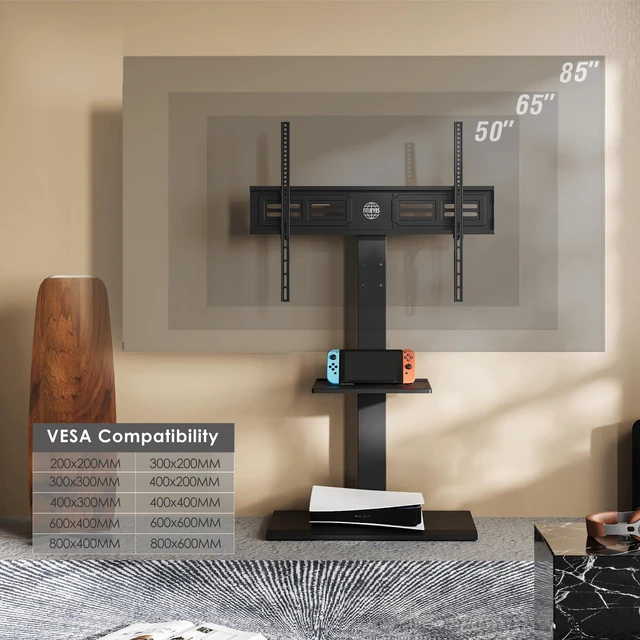 Alt view image 5 of 7 - Floor TV Stand for 50-85 Inch TVs with Adjustable Shelf, Black Iron Base Swivel TV Mount with Height Adjustable, Tall Corner TV Stands Hold up to 110 lb for Bedroom and Living Room
