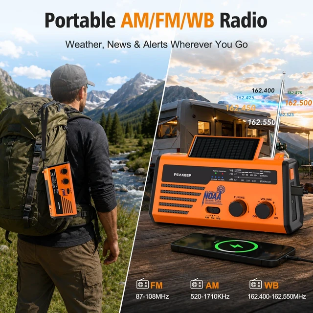 Alt view image 6 of 7 - NOAA Emergency Weather Radio Alert with Crank Solar Battery Powered Portable Radio AM FM, Rechargeable Battery Backup, SOS, Flashlight Lamp USB Port for Home Outdoor Camping Storms Blackouts