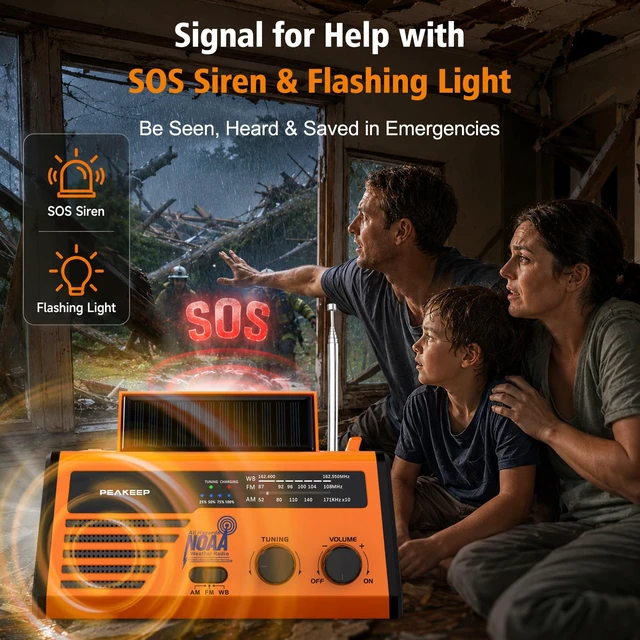 Alt view image 7 of 7 - NOAA Emergency Weather Radio Alert with Crank Solar Battery Powered Portable Radio AM FM, Rechargeable Battery Backup, SOS, Flashlight Lamp USB Port for Home Outdoor Camping Storms Blackouts