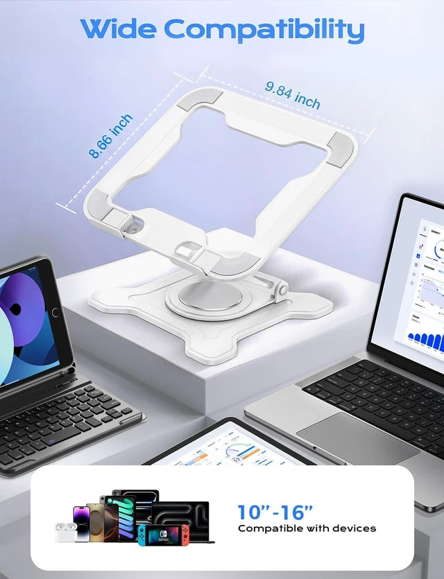 Alt view image 6 of 7 - 360° Rotating Laptop Stand for Desk, Metal Foldable Laptop Riser,White Ergonomic Portable Adjustable Laptop Stand, Ventilated Cooling Notebook Holder for MacBook Air Pro, All 10-16'' Laptops