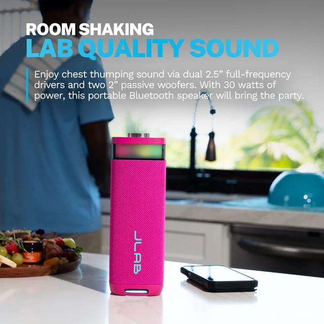 Alt view image 2 of 7 - JBuds Party, Portable Bluetooth Speaker, Waterproof, RGB Lighting, Multi-Speaker Connection, Pink