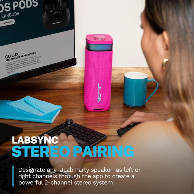 Alt view image 5 of 7 - JBuds Party, Portable Bluetooth Speaker, Waterproof, RGB Lighting, Multi-Speaker Connection, Pink