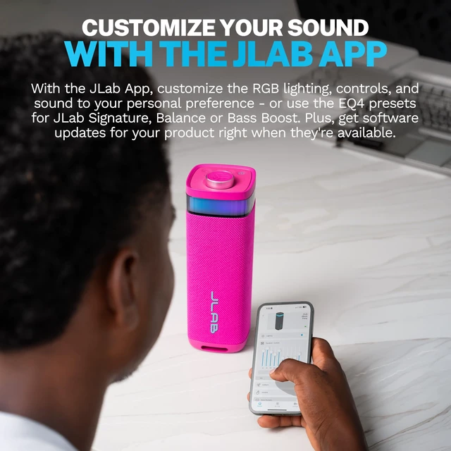 Alt view image 7 of 7 - JBuds Party, Portable Bluetooth Speaker, Waterproof, RGB Lighting, Multi-Speaker Connection, Pink