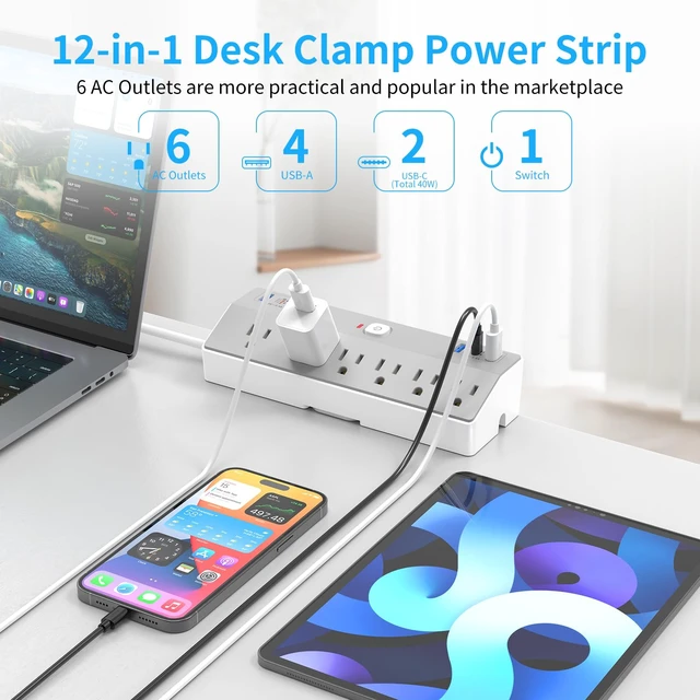 Alt view image 2 of 7 - Desk Clamp Power Strip with 40W Fast Charging USB-C, 10Ft Desk Mount Surge Protector with 6 Outlets 6 USB Ports, Flat Plug Extension Cord Home Office Essentials, Fit 2.48" Tabletop Edge