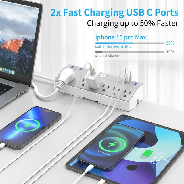 Alt view image 3 of 7 - Desk Clamp Power Strip with 40W Fast Charging USB-C, 10Ft Desk Mount Surge Protector with 6 Outlets 6 USB Ports, Flat Plug Extension Cord Home Office Essentials, Fit 2.48" Tabletop Edge