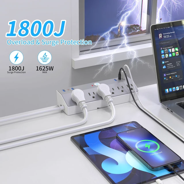 Alt view image 4 of 7 - Desk Clamp Power Strip with 40W Fast Charging USB-C, 10Ft Desk Mount Surge Protector with 6 Outlets 6 USB Ports, Flat Plug Extension Cord Home Office Essentials, Fit 2.48" Tabletop Edge