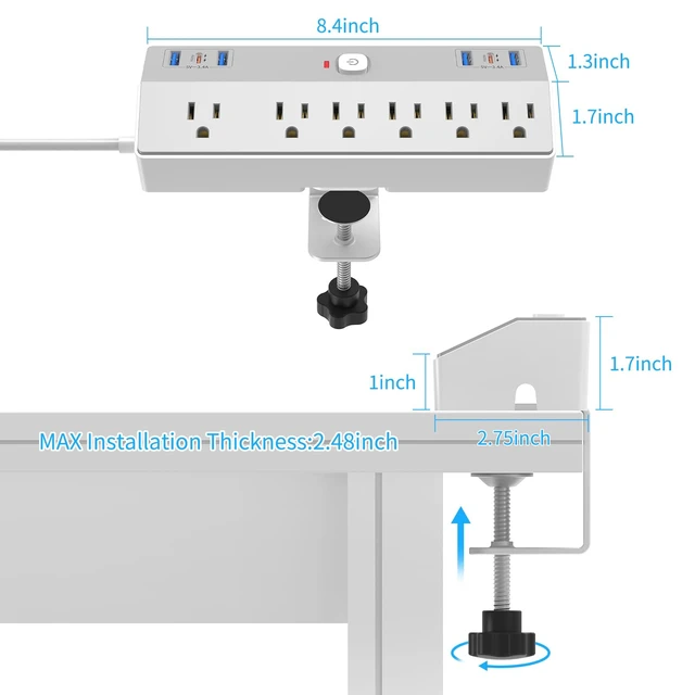 Alt view image 6 of 7 - Desk Clamp Power Strip with 40W Fast Charging USB-C, 10Ft Desk Mount Surge Protector with 6 Outlets 6 USB Ports, Flat Plug Extension Cord Home Office Essentials, Fit 2.48" Tabletop Edge