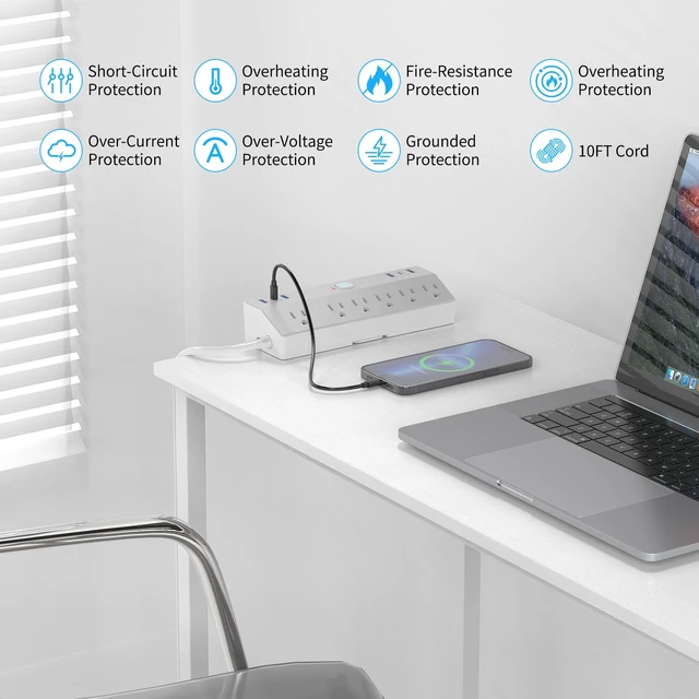 Alt view image 7 of 7 - Desk Clamp Power Strip with 40W Fast Charging USB-C, 10Ft Desk Mount Surge Protector with 6 Outlets 6 USB Ports, Flat Plug Extension Cord Home Office Essentials, Fit 2.48" Tabletop Edge