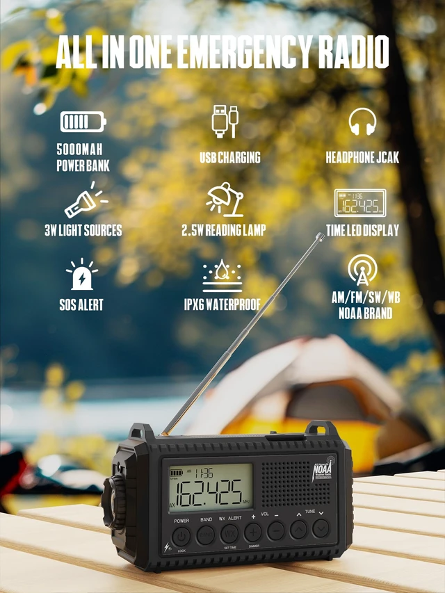 Alt view image 2 of 7 - Emergency Hand Crank Radio, NOAA Weather Radio with Backlit LCD Screen, 5 Ways Powered, AM FM Shortwave Solar Radio, Rechargeable Battery, Flashlight & Reading Light, SOS Alarm