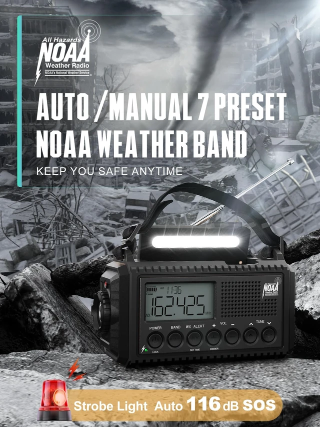 Alt view image 3 of 7 - Emergency Hand Crank Radio, NOAA Weather Radio with Backlit LCD Screen, 5 Ways Powered, AM FM Shortwave Solar Radio, Rechargeable Battery, Flashlight & Reading Light, SOS Alarm