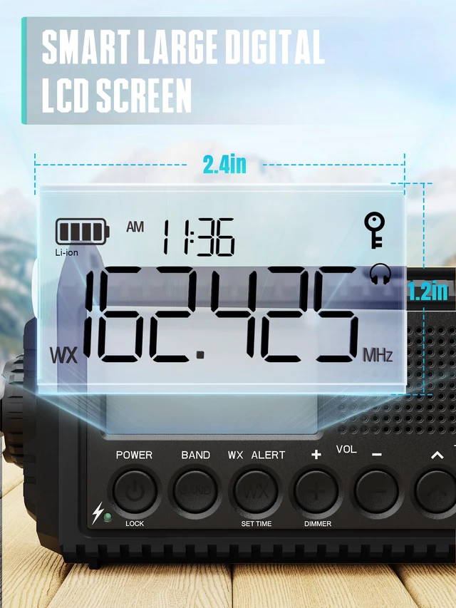 Alt view image 6 of 7 - Emergency Hand Crank Radio, NOAA Weather Radio with Backlit LCD Screen, 5 Ways Powered, AM FM Shortwave Solar Radio, Rechargeable Battery, Flashlight & Reading Light, SOS Alarm