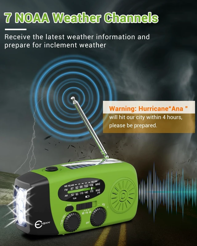 Alt view image 2 of 7 - Emergency Hand Crank Radio 7400mAh with 3 LED Flashlight, AM/FM/NOAA Portable Weather Radio with Built-in 2000mAh Rechargeable Battery, Solar Radio for Indoor/Outdoor Survival Camping, SOS Alarm