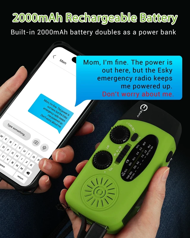 Alt view image 3 of 7 - Emergency Hand Crank Radio 7400mAh with 3 LED Flashlight, AM/FM/NOAA Portable Weather Radio with Built-in 2000mAh Rechargeable Battery, Solar Radio for Indoor/Outdoor Survival Camping, SOS Alarm