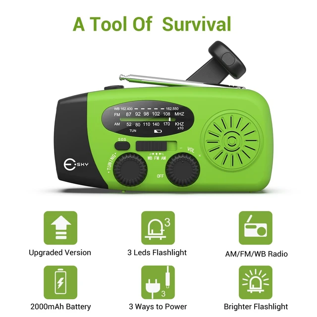 Alt view image 6 of 7 - Emergency Hand Crank Radio 7400mAh with 3 LED Flashlight, AM/FM/NOAA Portable Weather Radio with Built-in 2000mAh Rechargeable Battery, Solar Radio for Indoor/Outdoor Survival Camping, SOS Alarm
