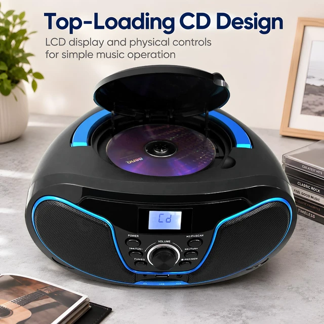 Alt view image 2 of 7 - Portable CD Boombox Bluetooth FM Radio, AC/Battery Powered USB/AUX/3.5mm Earphone Jack, CD Player with Clear Stereo Sound