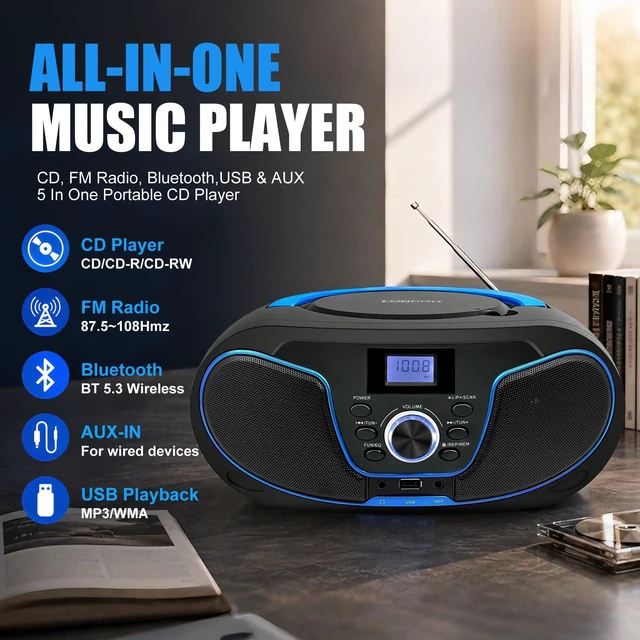 Alt view image 3 of 7 - Portable CD Boombox Bluetooth FM Radio, AC/Battery Powered USB/AUX/3.5mm Earphone Jack, CD Player with Clear Stereo Sound