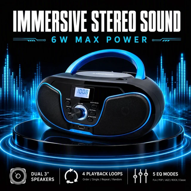 Alt view image 4 of 7 - Portable CD Boombox Bluetooth FM Radio, AC/Battery Powered USB/AUX/3.5mm Earphone Jack, CD Player with Clear Stereo Sound