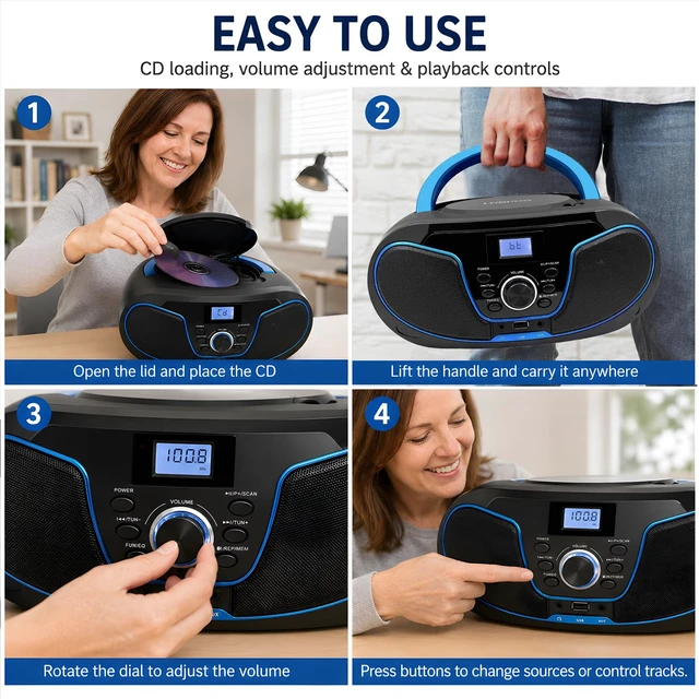 Alt view image 5 of 7 - Portable CD Boombox Bluetooth FM Radio, AC/Battery Powered USB/AUX/3.5mm Earphone Jack, CD Player with Clear Stereo Sound