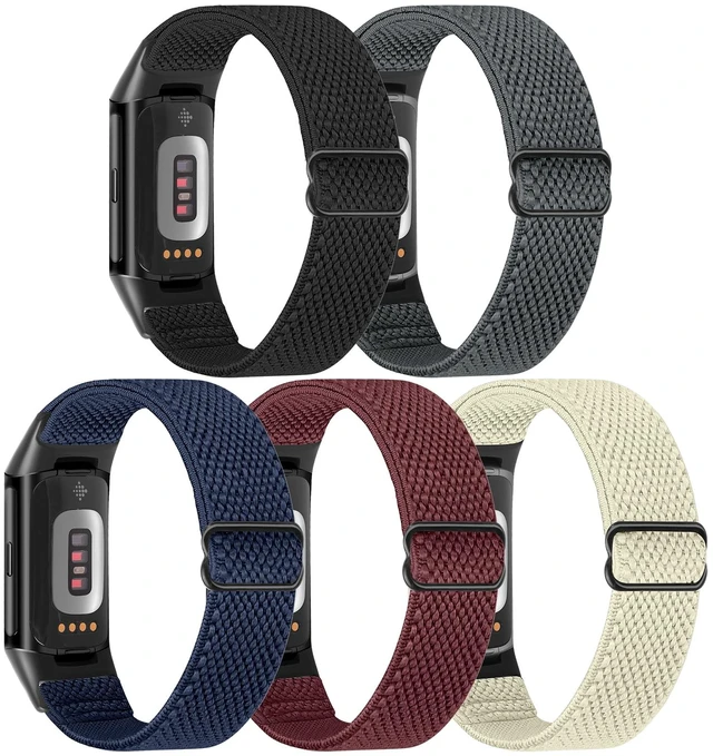 Alt view image 2 of 7 - 5 Pack Elastic Nylon Watch Bands Compatible for Fitbit Charge 6/Fitbit Charge 5, Adjustable Breathable Replacement Stretchy Nylon Loop Wristband Sport Strap for Women Men