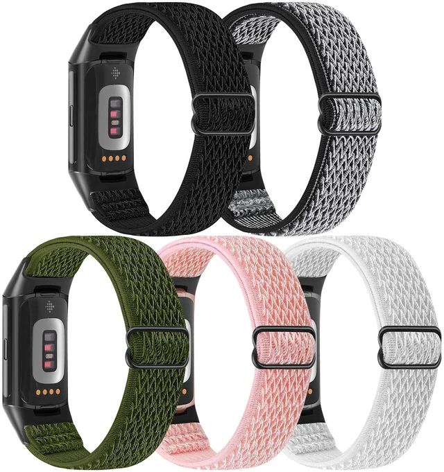 Alt view image 2 of 7 - 5 Pack Elastic Nylon Watch Bands Compatible for Fitbit Charge 6/Fitbit Charge 5, Adjustable Breathable Replacement Stretchy Nylon Loop Wristband Sport Strap for Women Men