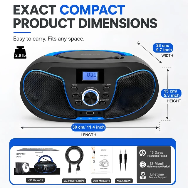 Alt view image 6 of 7 - Portable CD Boombox Bluetooth FM Radio, AC/Battery Powered USB/AUX/3.5mm Earphone Jack, CD Player with Clear Stereo Sound