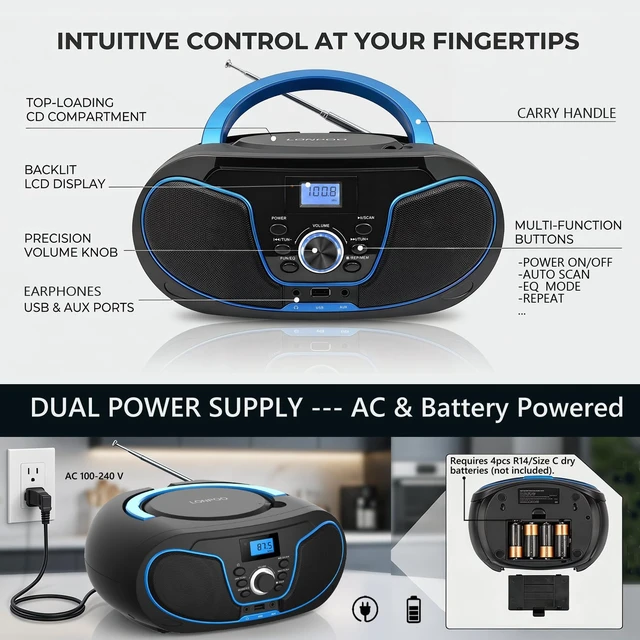 Alt view image 7 of 7 - Portable CD Boombox Bluetooth FM Radio, AC/Battery Powered USB/AUX/3.5mm Earphone Jack, CD Player with Clear Stereo Sound