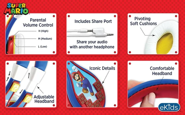 Alt view image 3 of 7 - Super Mario Kids Headphones, Adjustable Headband, Stereo Sound, 3.5Mm Jack, Wired Headphones for Kids, Tangle-Free, Volume Control, Childrens Headphones Over Ear for School Home, Travel