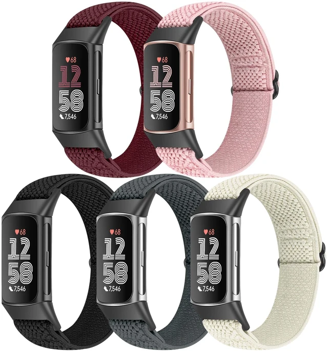 Main image of 5 Pack Elastic Nylon Watch Bands Compatible for Fitbit Charge 6/Fitbit Charge 5, Adjustable Breathable Replacement Stretchy Nylon Loop Wristband Sport Strap for Women Men