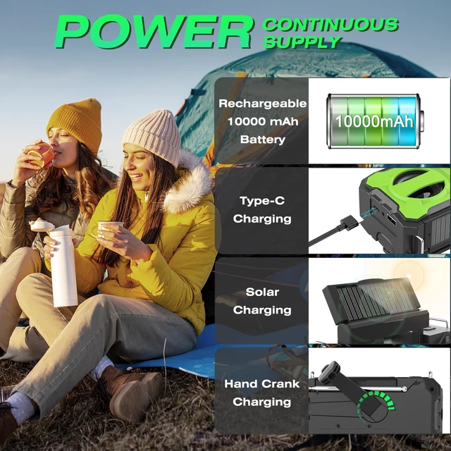 Alt view image 6 of 7 - Emergency Weather Radio, Radios Portable Am Fm for Extreme Weather NOAA Emergency Radio 10000mAh Large Battery, Survival Gear for Indoor and Outdoor, Camping with Solar, Hand Crank, USB Charge