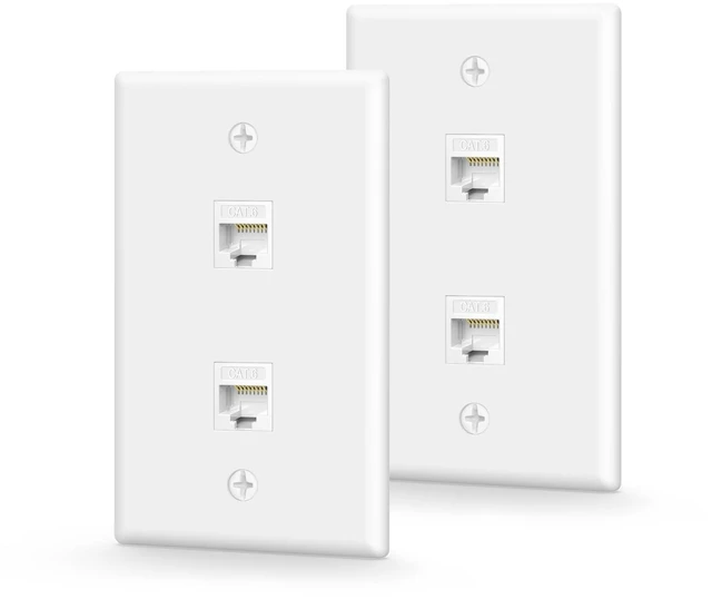 Main image of 2-Port Ethernet Wall Plate UL Listed White 2-Pack UL Listed for Safety, 1000Mbps Keystone Coupler Female to Female, PoE Support