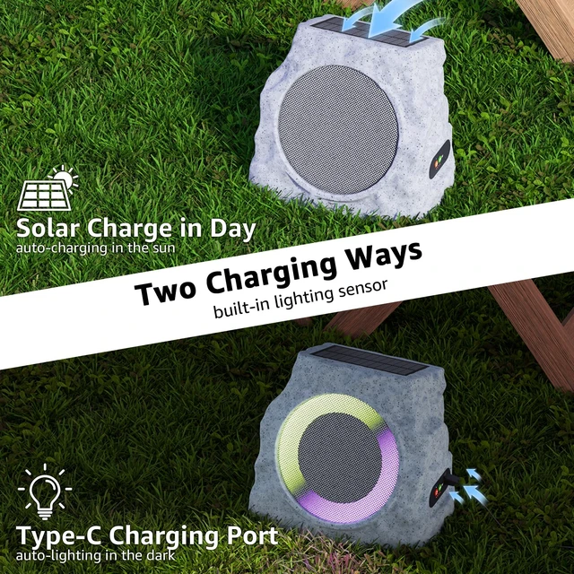 Alt view image 3 of 7 - 2-Pack Rock Speakers Outdoor Waterproof with RGB Color Lights Multi-Sync Up to 100 Speakers,Auto-Pairing,Solar-Powered and USB Charging for Patio Pool Party Yard Garden Outside