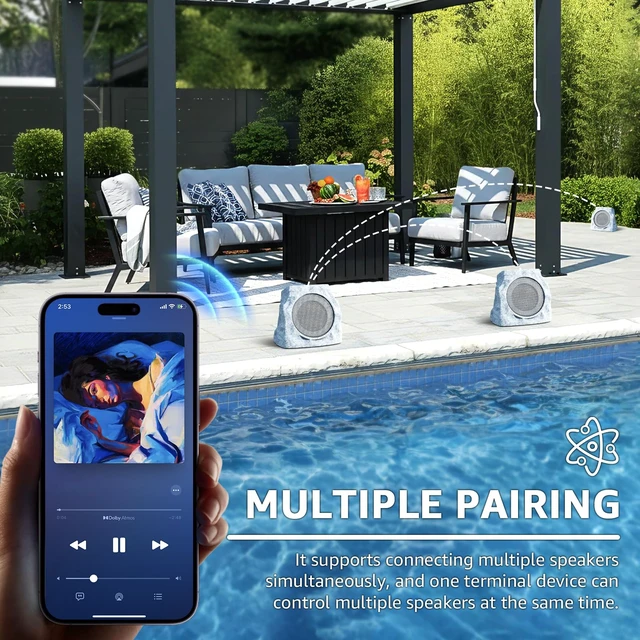 Alt view image 2 of 7 - 2-Pack Rock Speakers Outdoor Waterproof with RGB Color Lights Multi-Sync Up to 100 Speakers,Auto-Pairing,Solar-Powered and USB Charging for Patio Pool Party Yard Garden Outside