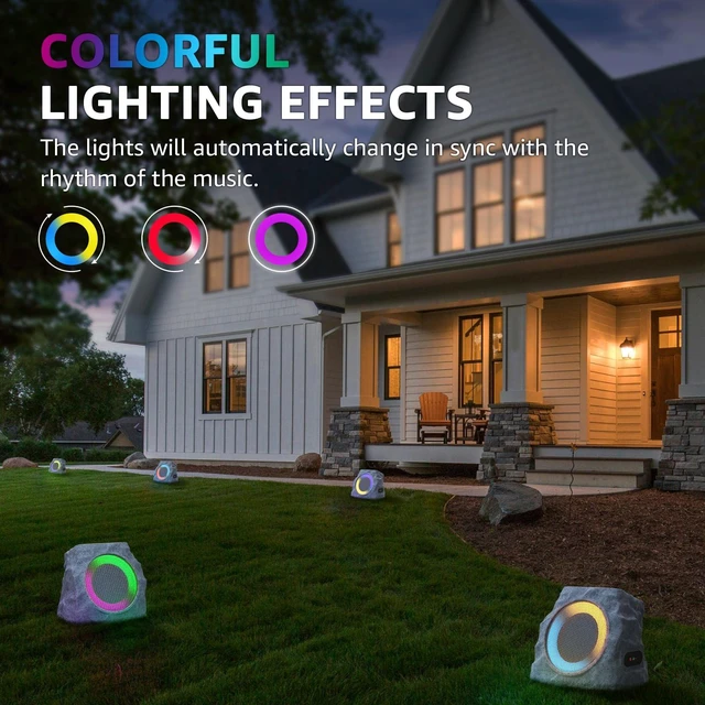 Alt view image 7 of 7 - 2-Pack Rock Speakers Outdoor Waterproof with RGB Color Lights Multi-Sync Up to 100 Speakers,Auto-Pairing,Solar-Powered and USB Charging for Patio Pool Party Yard Garden Outside