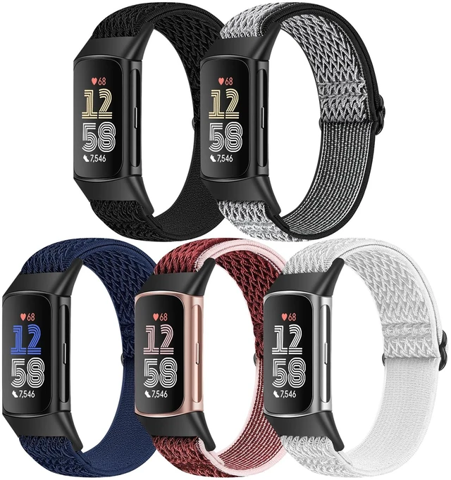 Main image of 5 Pack Elastic Nylon Watch Bands Compatible for Fitbit Charge 6/Fitbit Charge 5, Adjustable Breathable Replacement Stretchy Nylon Loop Wristband Sport Strap for Women Men