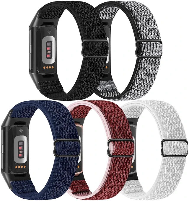 Alt view image 2 of 7 - 5 Pack Elastic Nylon Watch Bands Compatible for Fitbit Charge 6/Fitbit Charge 5, Adjustable Breathable Replacement Stretchy Nylon Loop Wristband Sport Strap for Women Men