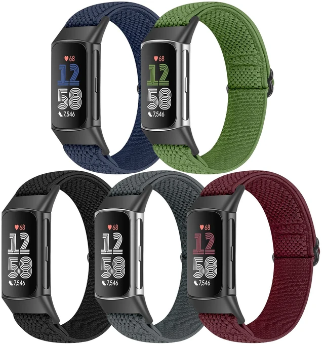 Main image of 5 Pack Elastic Nylon Watch Bands Compatible for Fitbit Charge 6/Fitbit Charge 5, Adjustable Breathable Replacement Stretchy Nylon Loop Wristband Sport Strap for Women Men