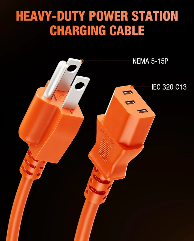 Alt view image 3 of 7 - Heavy-Duty Power Station Charging Cable, 14AWG Fast Charger Cable for Jackery Explorer 2000/1500/1000 Pro,Ecoflow Delta/River Series,Bluetti EB3A;Anker 757/767, 125V 15A AC Power Cord Orange(16FT)